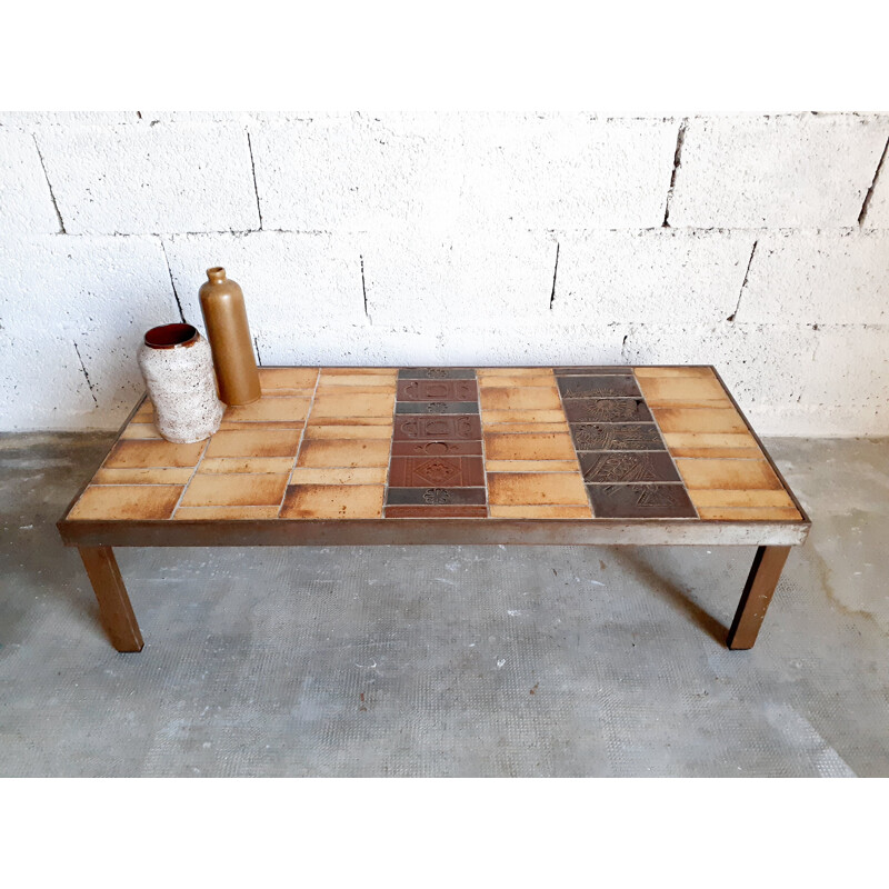 Vintage steel and ceramic coffee table by Roger Capron, 1960