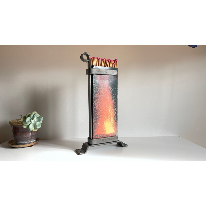 Vintage steel fireplace match holder