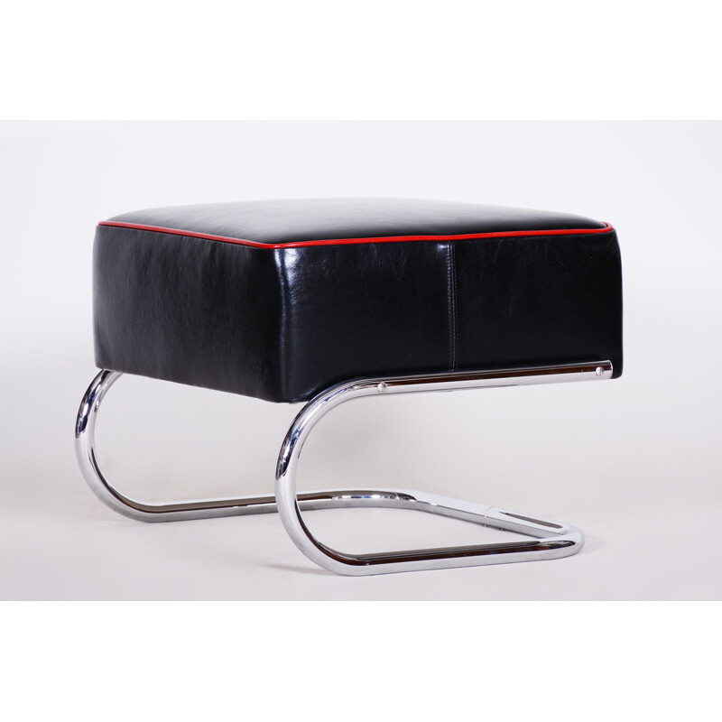 Vintage Bauhaus footrest in black leather and steel by Robert Slezak, 1930