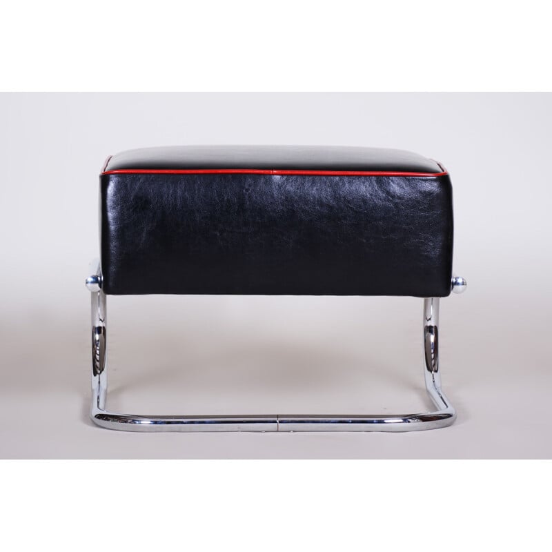 Vintage Bauhaus footrest in black leather and steel by Robert Slezak, 1930