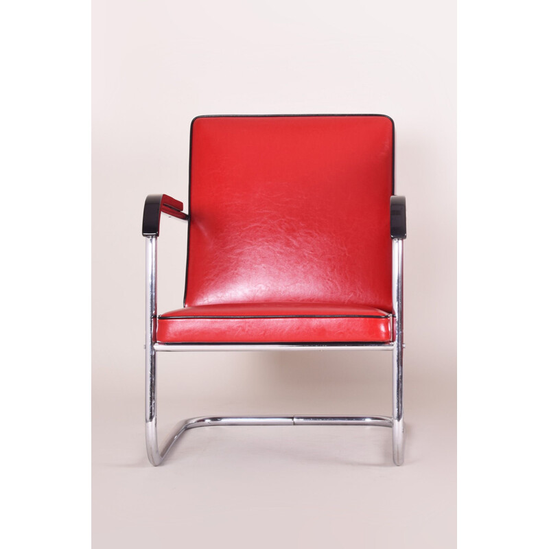 Vintage red leather armchair by Anton Lorenz for Thonet, Germany 1930s