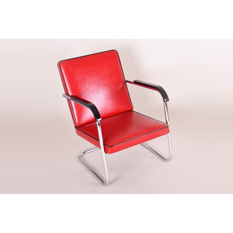 Vintage red leather armchair by Anton Lorenz for Thonet, Germany 1930s
