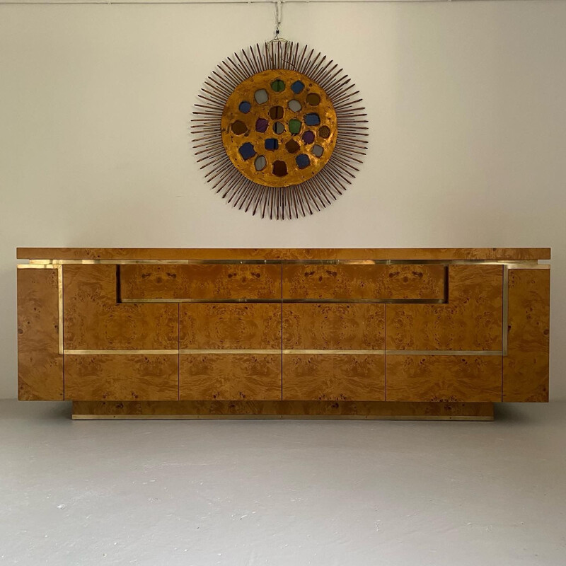 Vintage burr elmwood and brass sideboard by Jean-Claude Mahey, France 1970