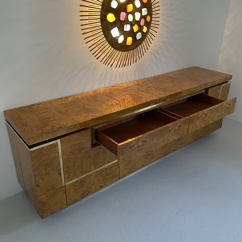 Vintage burr elmwood and brass sideboard by Jean-Claude Mahey, France 1970