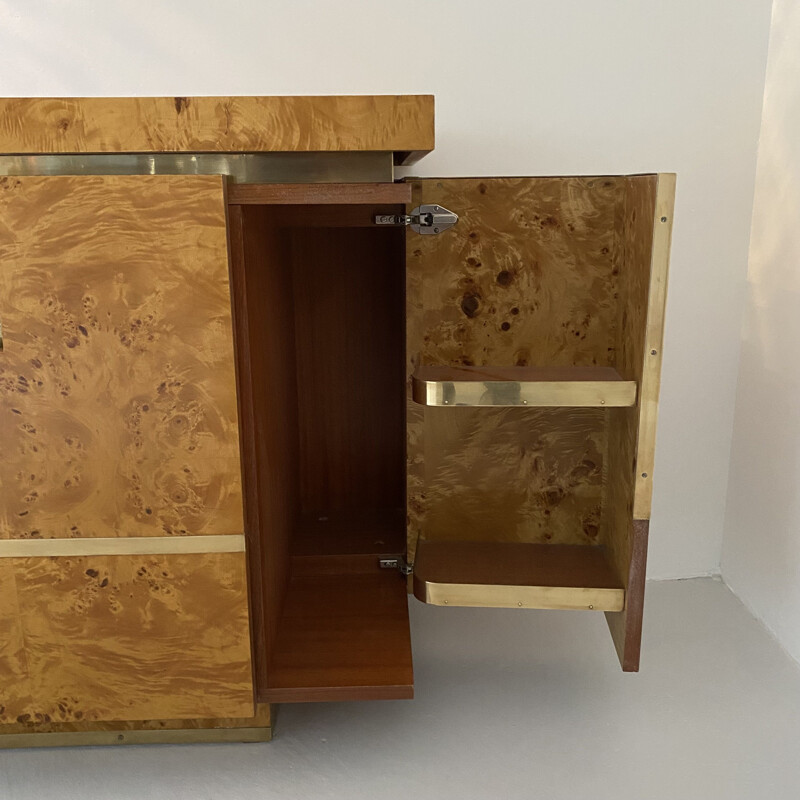 Credenza vintage in radica di olmo e ottone di Jean-Claude Mahey, Francia 1970