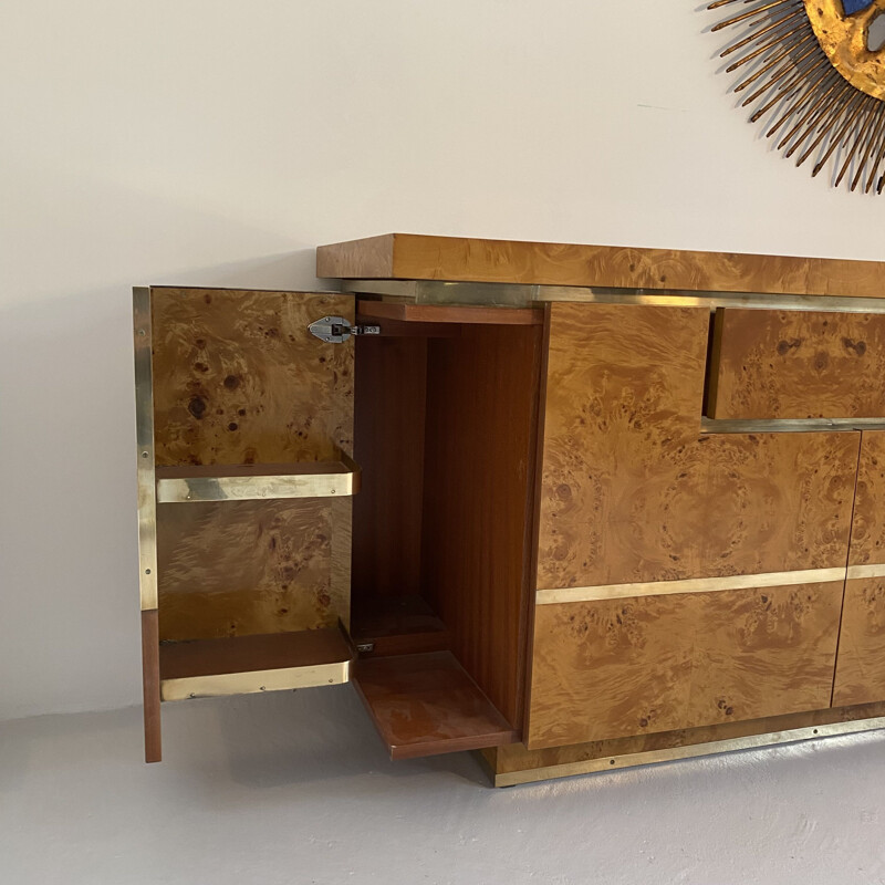 Credenza vintage in radica di olmo e ottone di Jean-Claude Mahey, Francia 1970