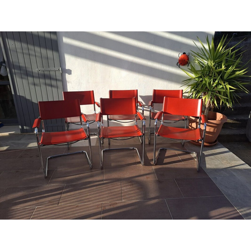Set of 6 vintage cantilever red chairs by Matteo Grassi