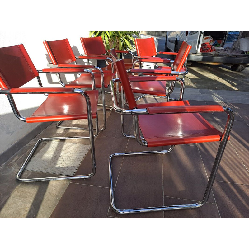 Set of 6 vintage cantilever red chairs by Matteo Grassi