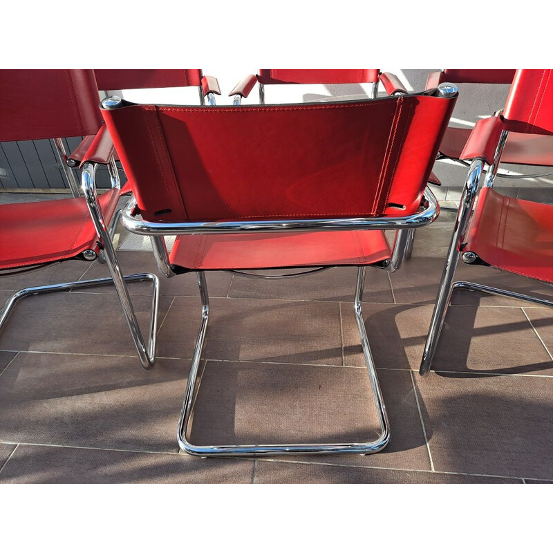 Ensemble de 6 chaises rouges cantilever vintage par Matteo Grassi
