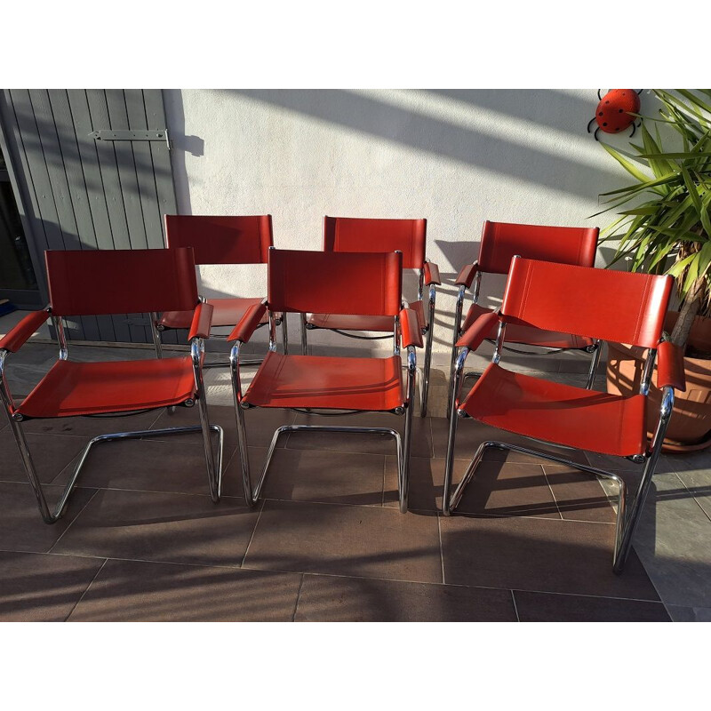 Ensemble de 6 chaises rouges cantilever vintage par Matteo Grassi