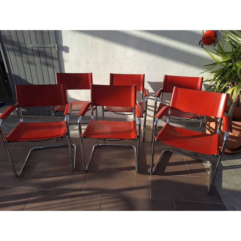 Set of 6 vintage cantilever red chairs by Matteo Grassi