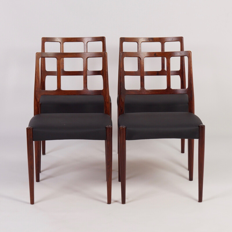 Set of 4 Uldum Møbelfabrik dingin chairs in rosewood and black leatherette, Johannes ANDERSEN - 1960s