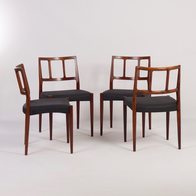 Set of 4 Uldum Møbelfabrik dingin chairs in rosewood and black leatherette, Johannes ANDERSEN - 1960s