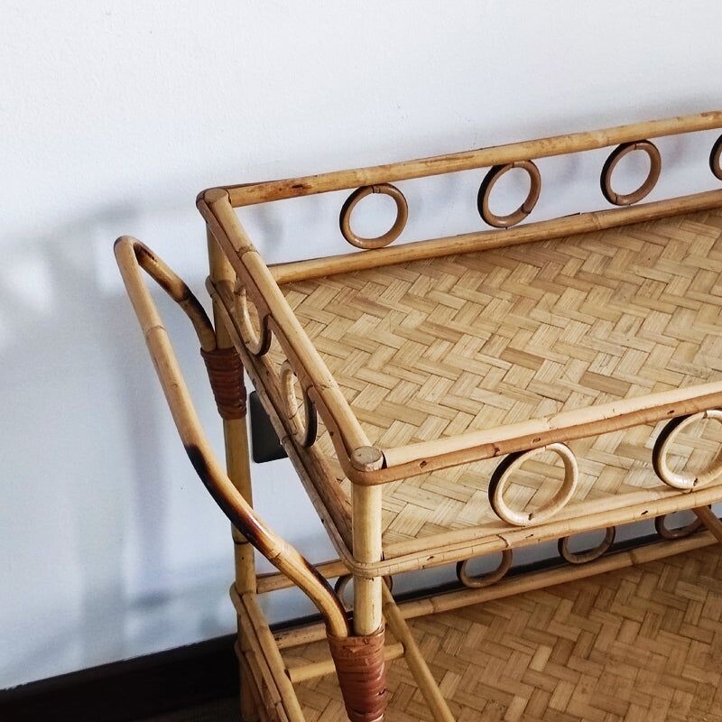 Vintage Prodotti bamboo & rattan serving bar trolley by Franco Albini, Italy 1960s
