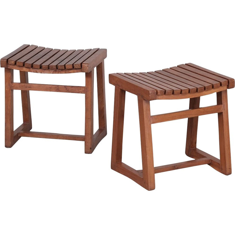 Pair of vintage teak stools Pj-011029 by Pierre Jeanneret, India 1960s