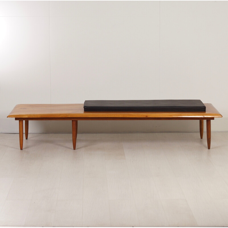 Mid-century bench in mahogany with its cushion in black leatherette - 1970s