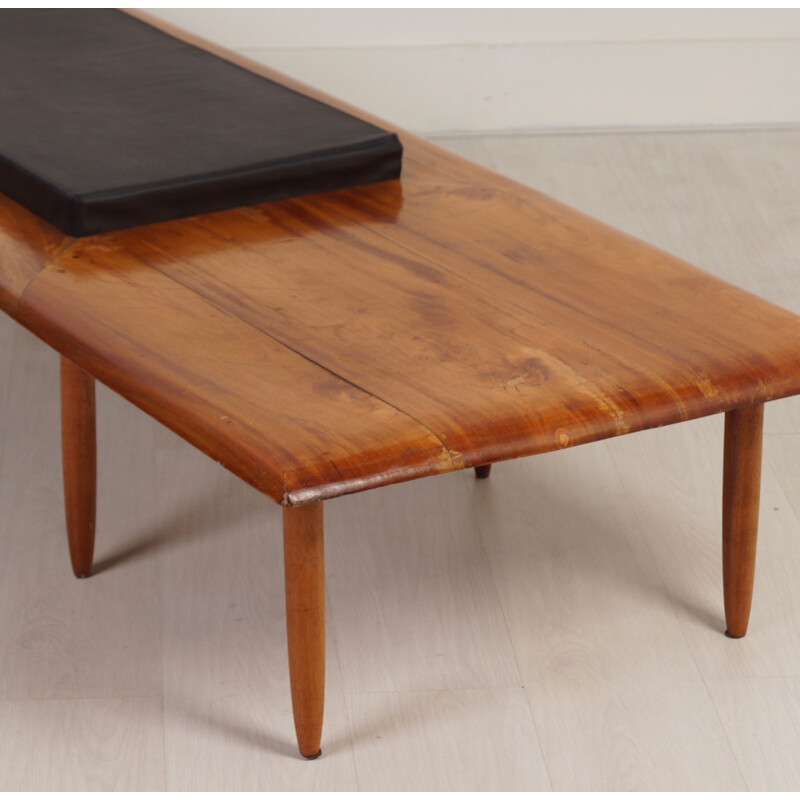 Mid-century bench in mahogany with its cushion in black leatherette - 1970s