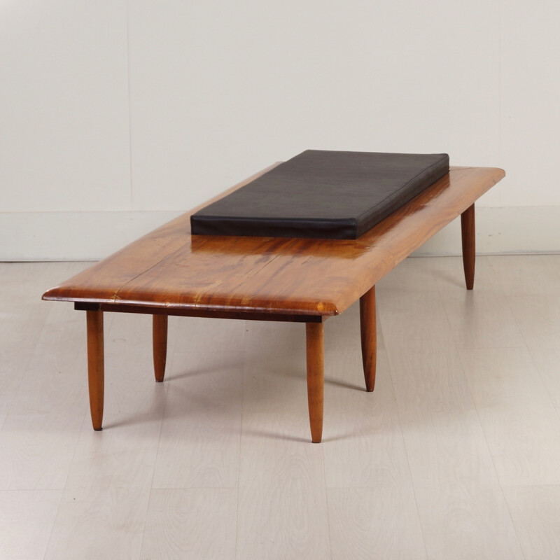 Mid-century bench in mahogany with its cushion in black leatherette - 1970s