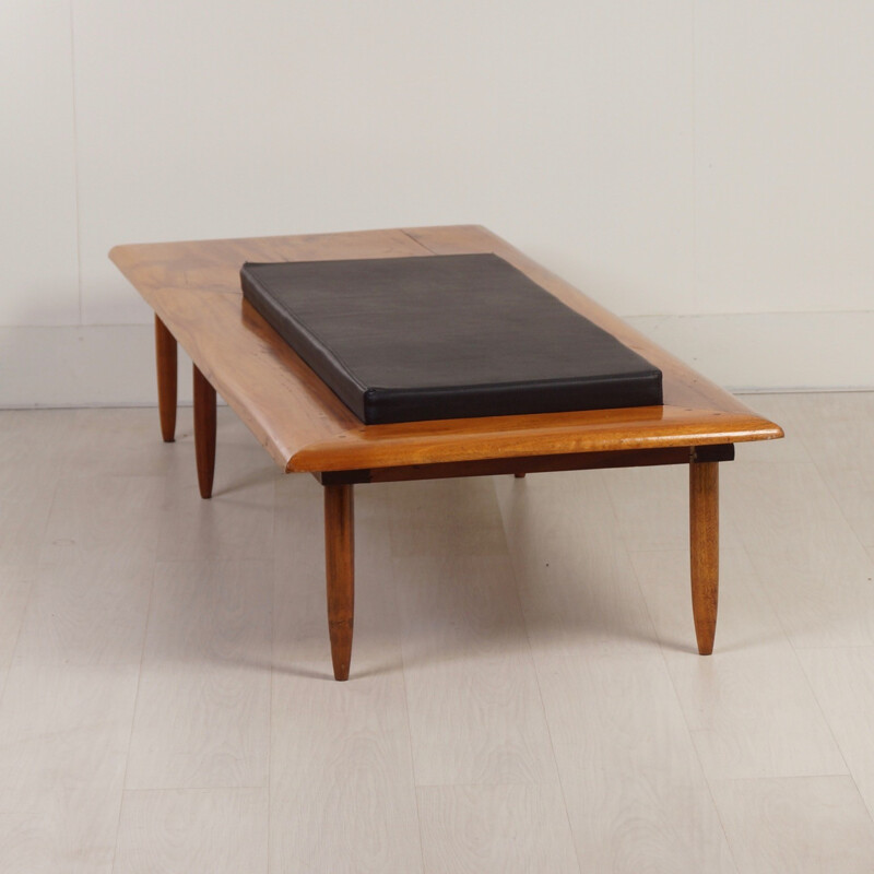 Mid-century bench in mahogany with its cushion in black leatherette - 1970s