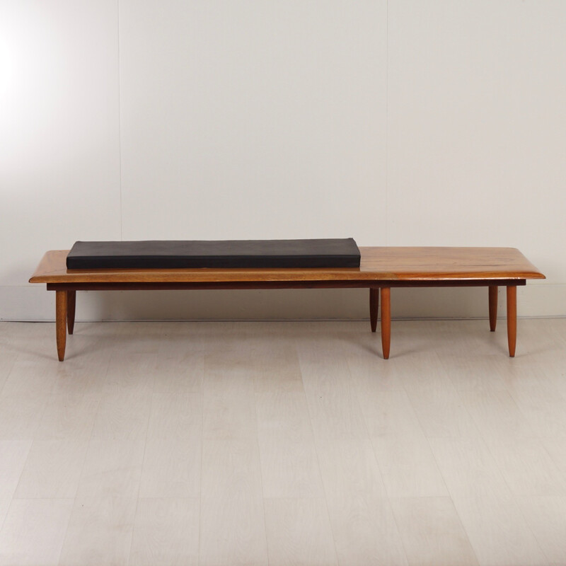 Mid-century bench in mahogany with its cushion in black leatherette - 1970s