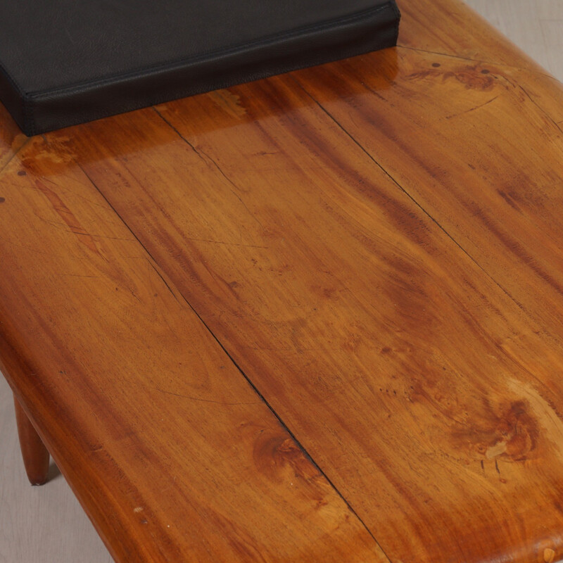 Mid-century bench in mahogany with its cushion in black leatherette - 1970s