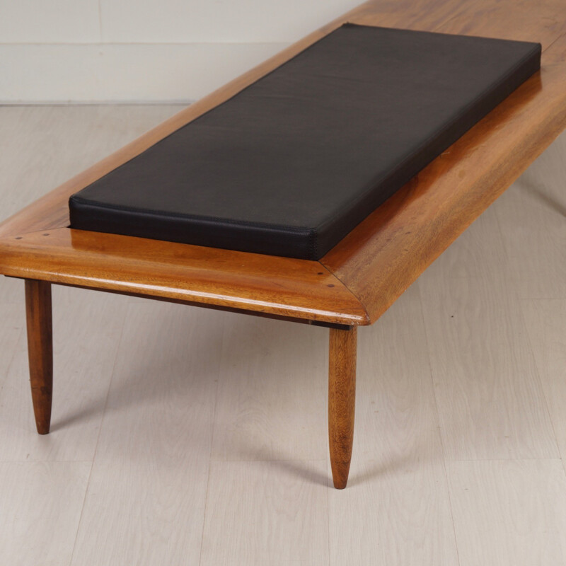 Mid-century bench in mahogany with its cushion in black leatherette - 1970s