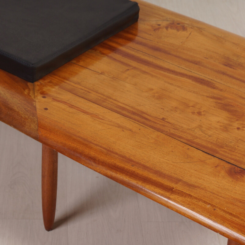 Mid-century bench in mahogany with its cushion in black leatherette - 1970s