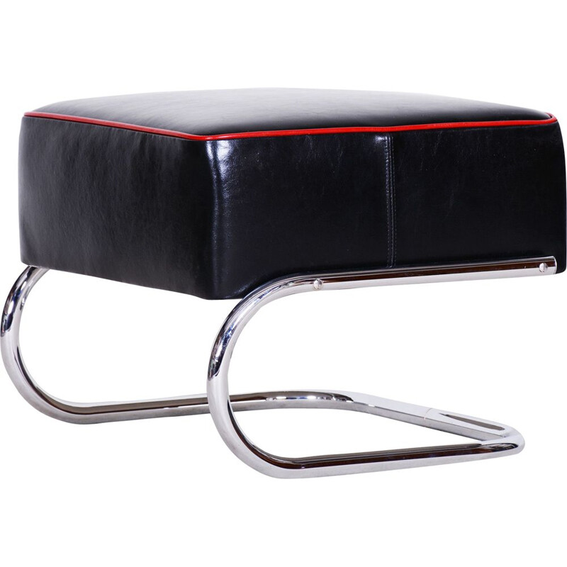 Vintage Bauhaus footrest in black leather and steel by Robert Slezak, 1930