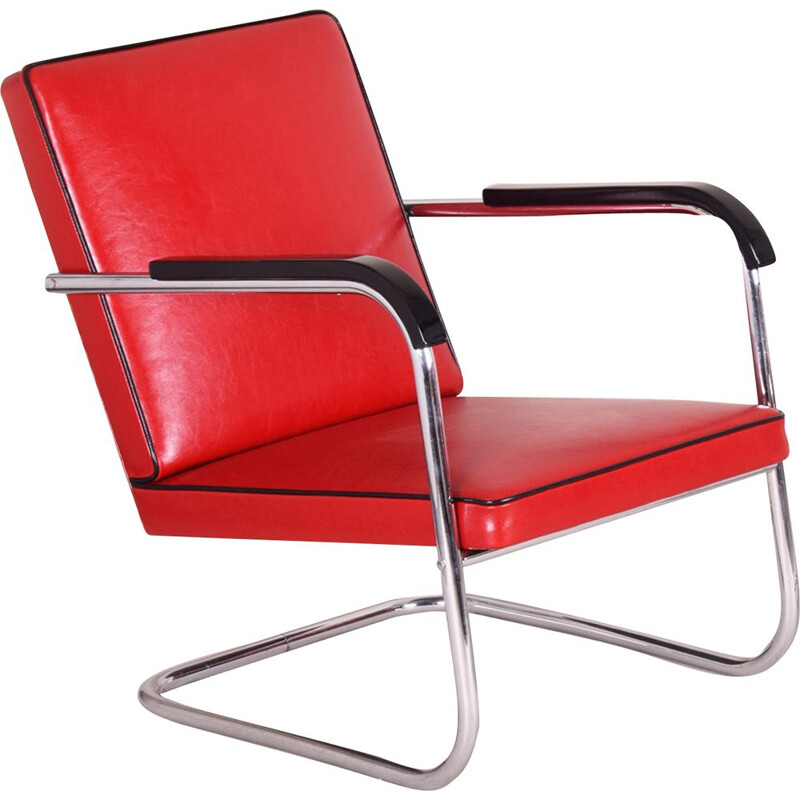 Poltrona vintage in pelle rossa di Anton Lorenz per Thonet, Germania 1930