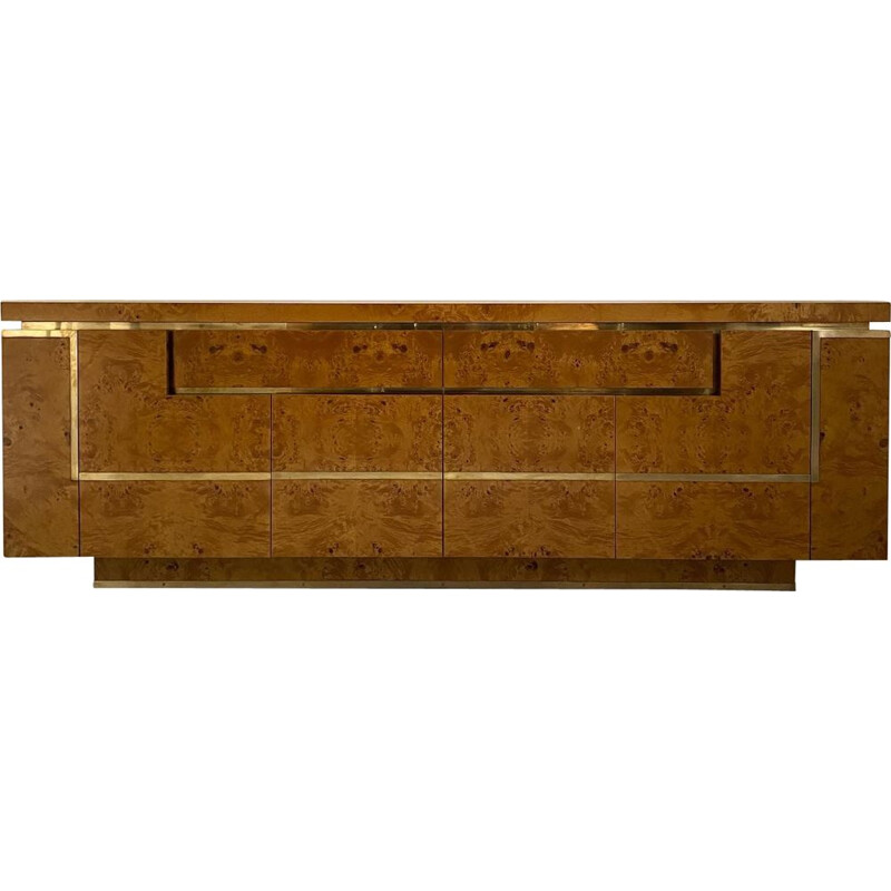 Vintage burr elmwood and brass sideboard by Jean-Claude Mahey, France 1970