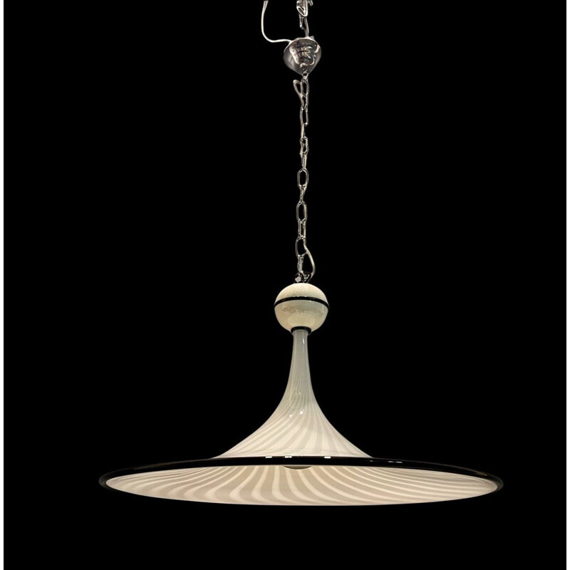 Lámpara colgante vintage de cristal de murano blanco y negro de Venini, Italia