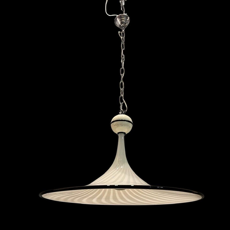 Lámpara colgante vintage de cristal de murano blanco y negro de Venini, Italia