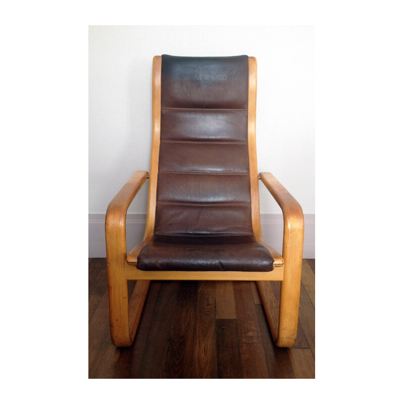 Scandinavian "Lamello" lounge chair in beech and brown leather, Yngve EKSTRÖM - 1970s