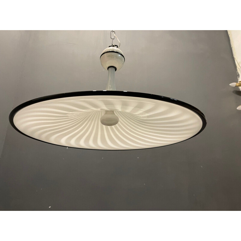 Vintage zwart en wit murano glas hanglamp van Venini, Italië