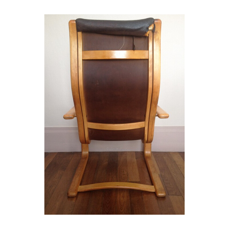 Scandinavian "Lamello" lounge chair in beech and brown leather, Yngve EKSTRÖM - 1970s