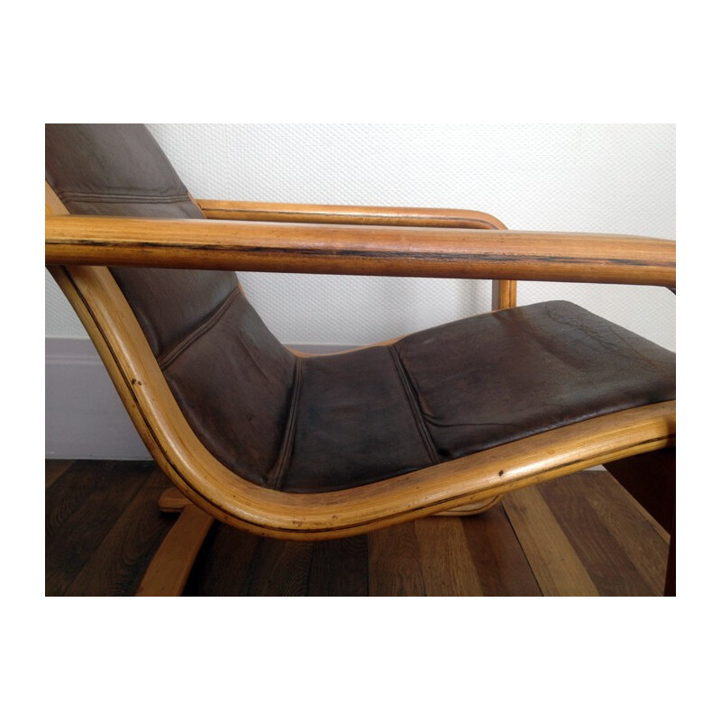 Scandinavian "Lamello" lounge chair in beech and brown leather, Yngve EKSTRÖM - 1970s