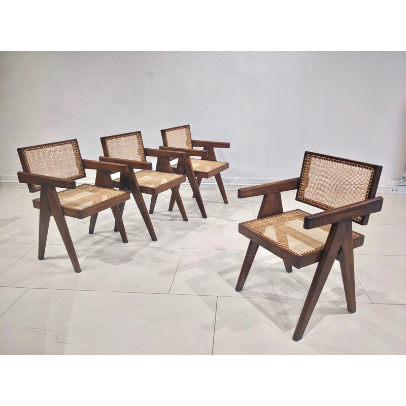 Juego de 4 sillas de teca y caña "Office" de Pierre Jeanneret, 1955-1956