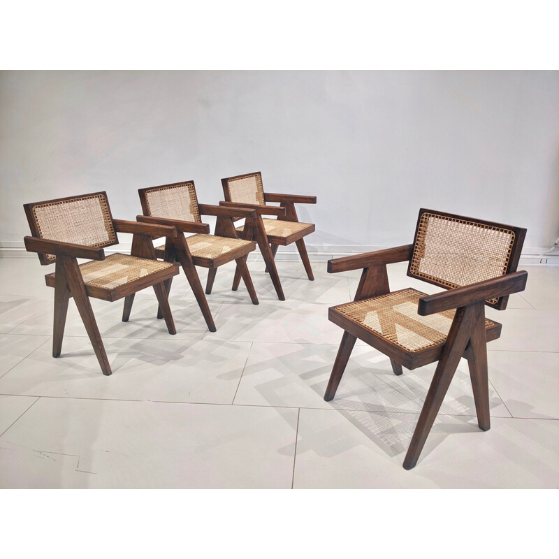 Set di 4 sedie "Office" vintage in teak e canna di Pierre Jeanneret, 1955-1956