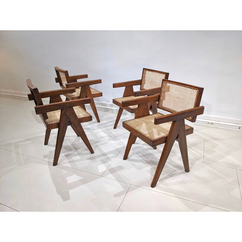 Set di 4 sedie "Office" vintage in teak e canna di Pierre Jeanneret, 1955-1956