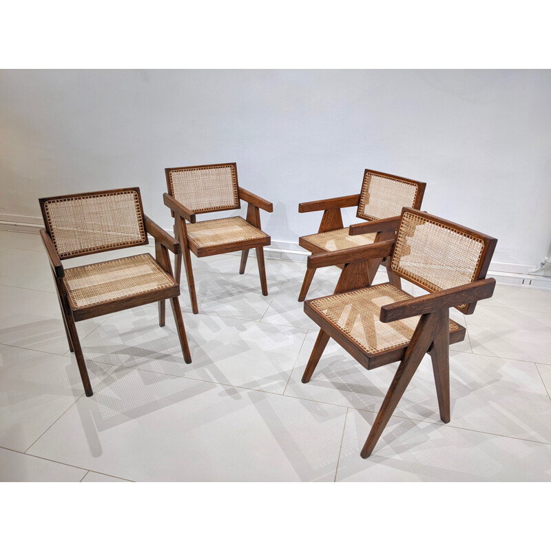 Juego de 4 sillas de teca y caña "Office" de Pierre Jeanneret, 1955-1956