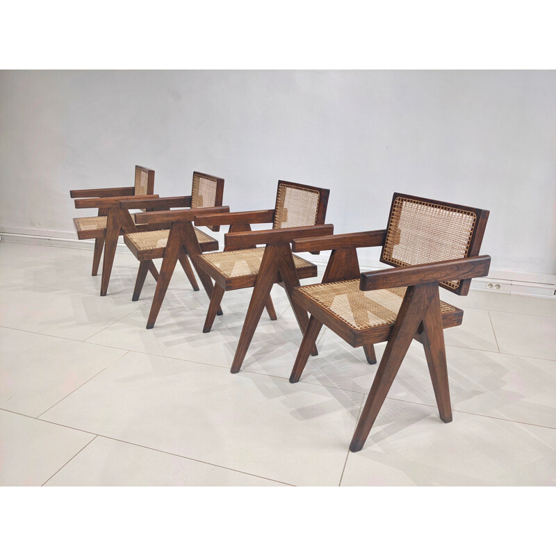 Juego de 4 sillas de teca y caña "Office" de Pierre Jeanneret, 1955-1956