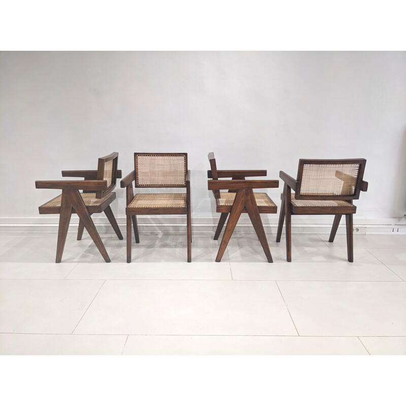 Set van 4 vintage teakhouten en rieten "Office" stoelen van Pierre Jeanneret, 1955-1956