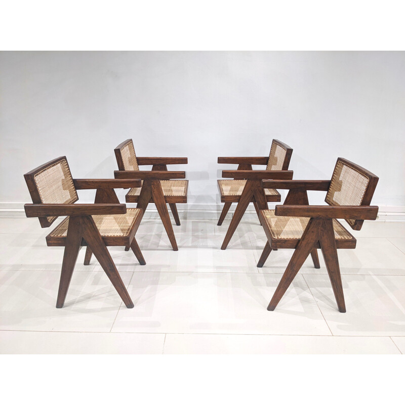 Set van 4 vintage teakhouten en rieten "Office" stoelen van Pierre Jeanneret, 1955-1956