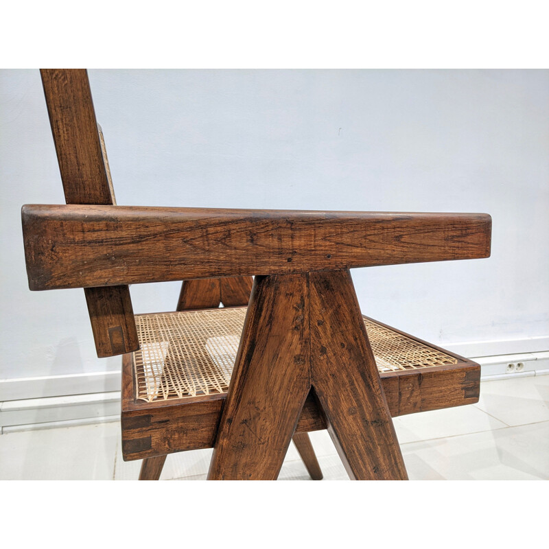 Juego de 4 sillas de teca y caña "Office" de Pierre Jeanneret, 1955-1956