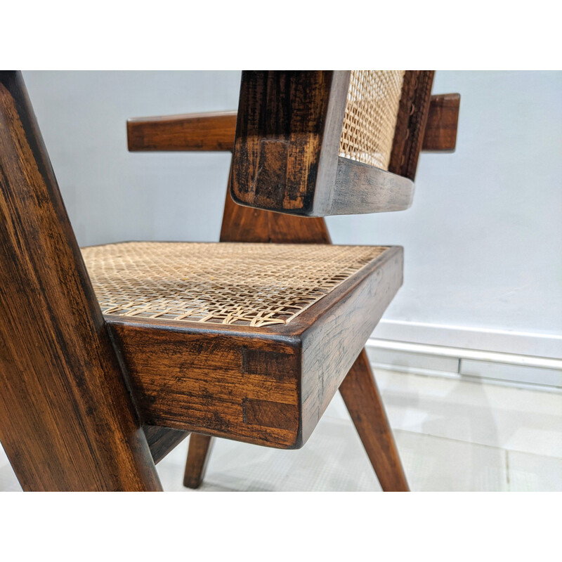 Conjunto de 4 cadeiras "Office" de teca vintage e cana de Pierre Jeanneret, 1955-1956
