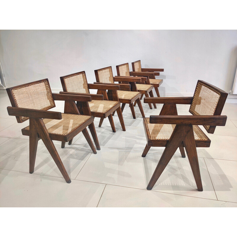 Set di 6 sedie vintage "Office" di Pierre Jeanneret, 1955-1956