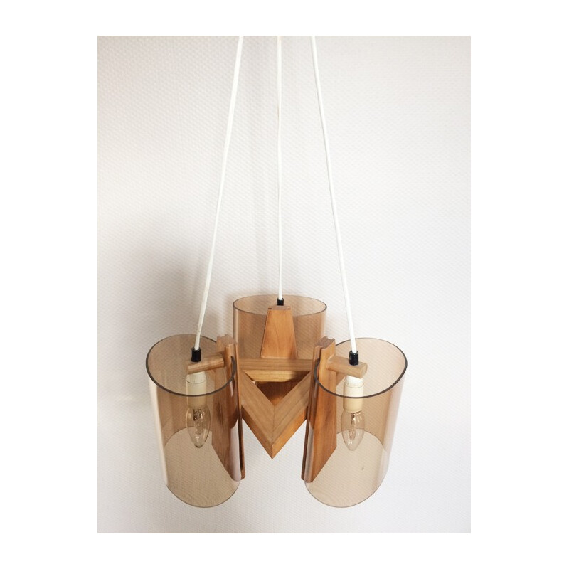 Scandinavian hanging lamp in smoked plexiglass and wood - 1970s