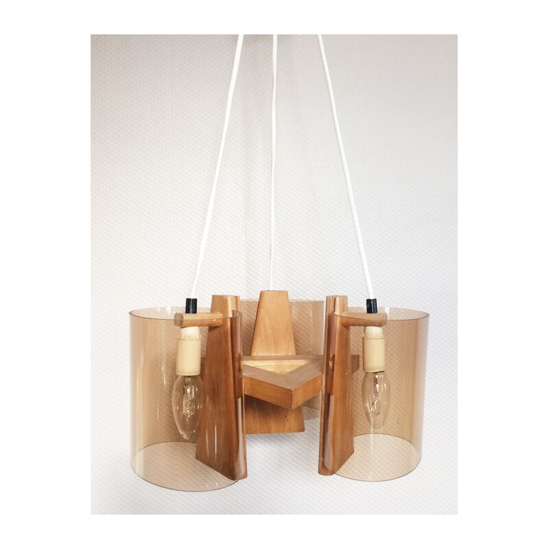 Scandinavian hanging lamp in smoked plexiglass and wood - 1970s