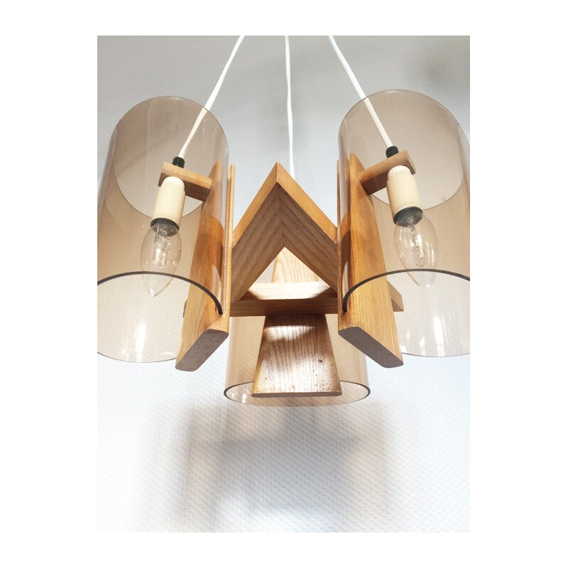 Scandinavian hanging lamp in smoked plexiglass and wood - 1970s