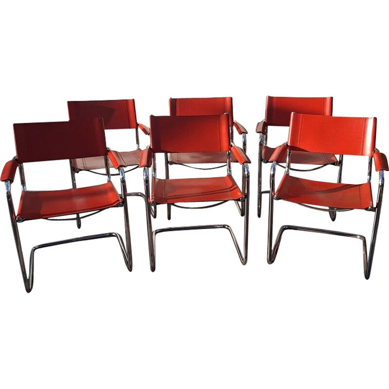 Set of 6 vintage cantilever red chairs by Matteo Grassi